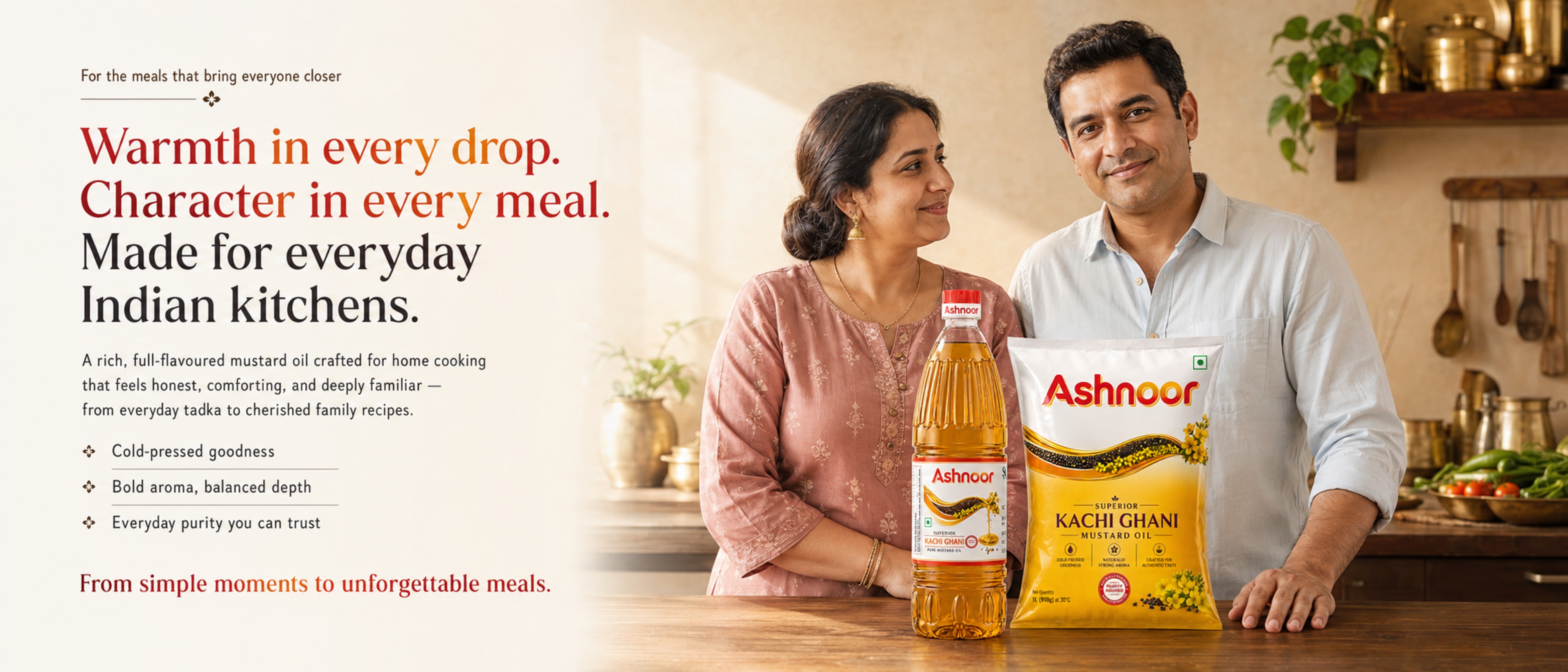Ashnoor mustard oil campaign showing an Indian couple in a warm kitchen with bottle and doypack