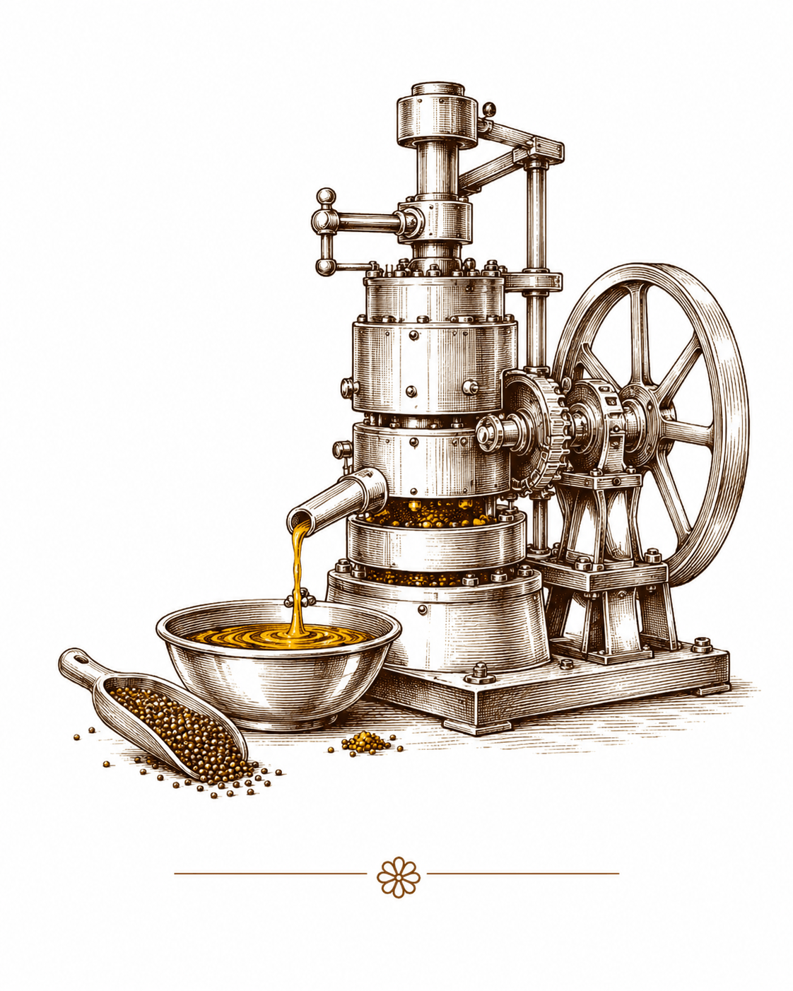 Golden mustard oil character shown with seed and kitchen vessels