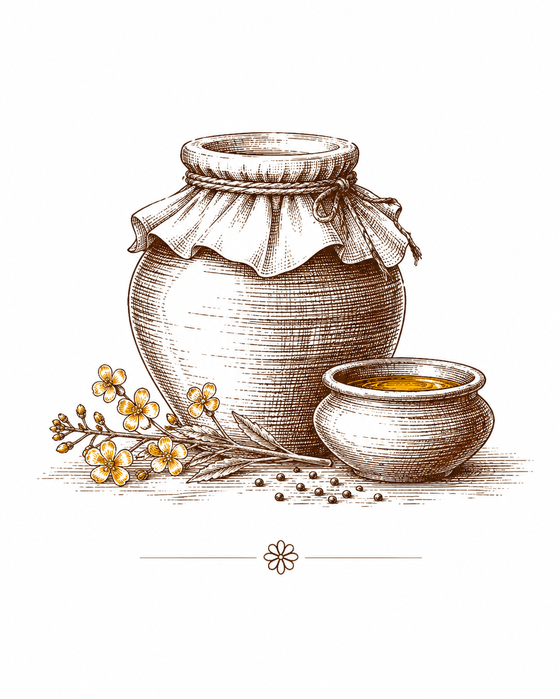 Traditional storage jar and bowl of pure unrefined mustard oil
