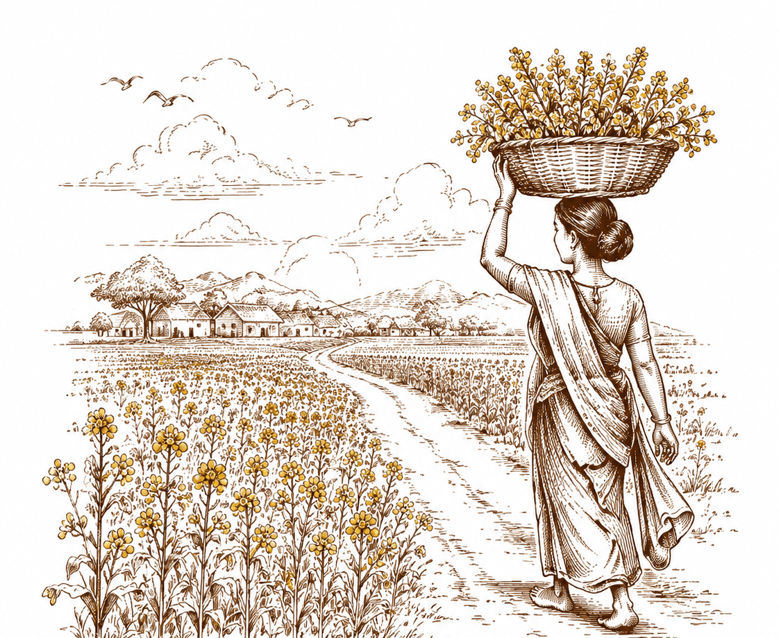 A woman walking through mustard fields with a basket of flowers