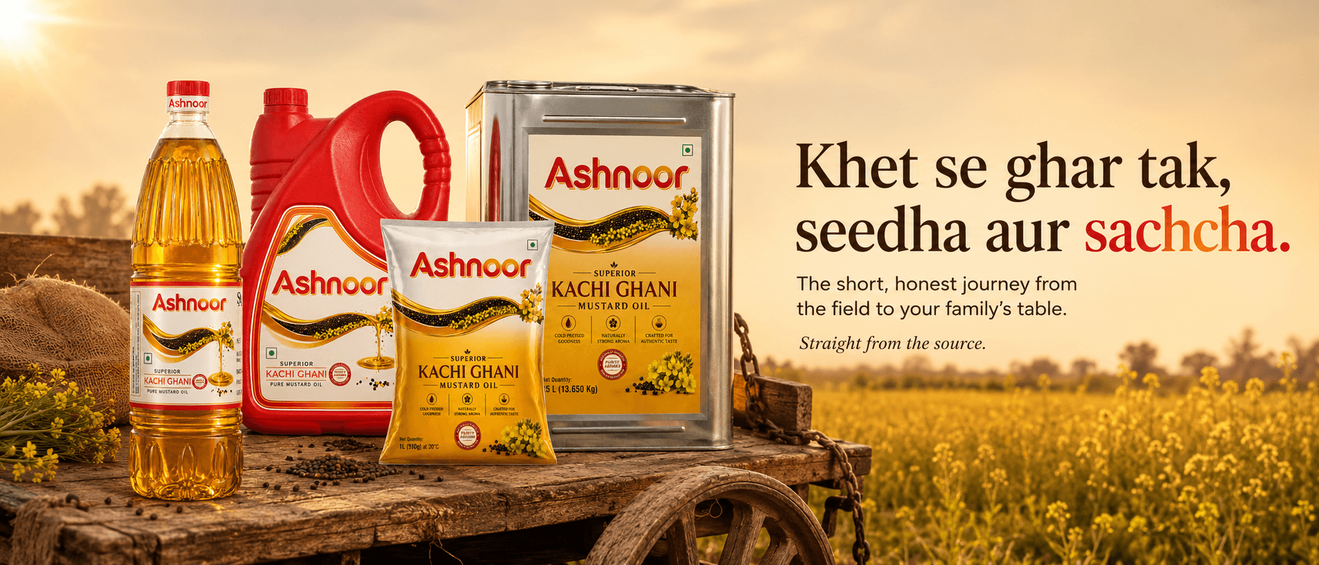 Ashnoor mustard oil bottle, can, pouch, and tin on a field cart