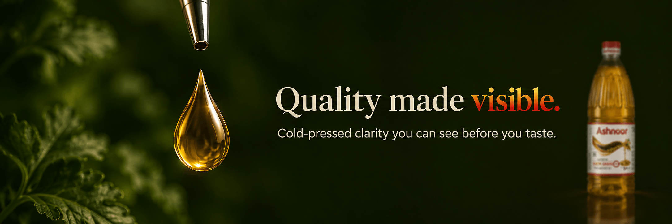 A golden drop of Ashnoor mustard oil beside the bottle — quality made visible