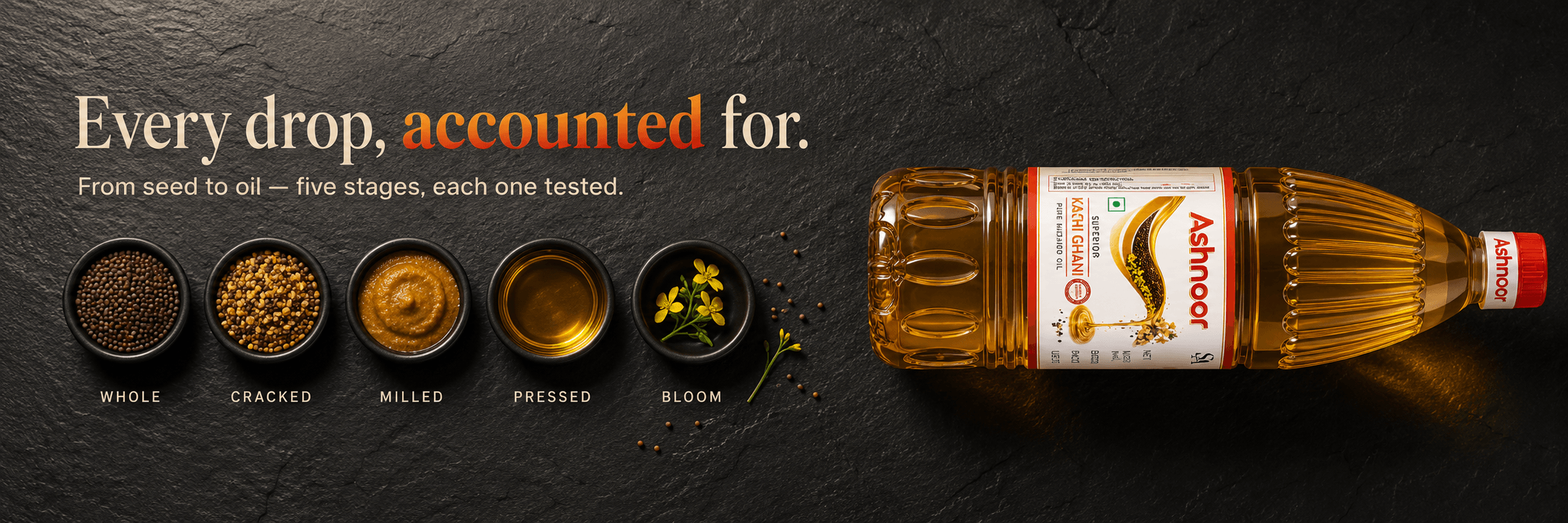 Every drop, accounted for — from seed to oil, five stages, each one tested