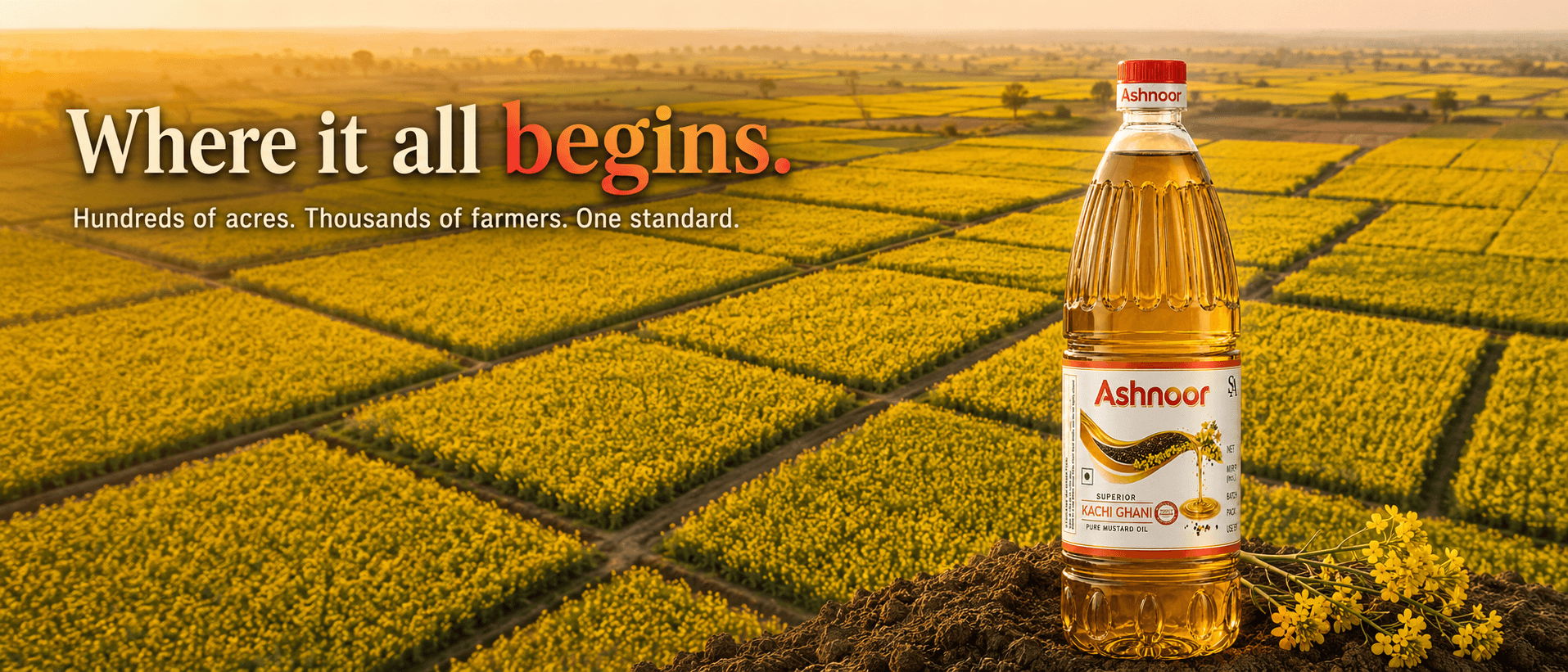 Ashnoor mustard oil bottle in mustard fields