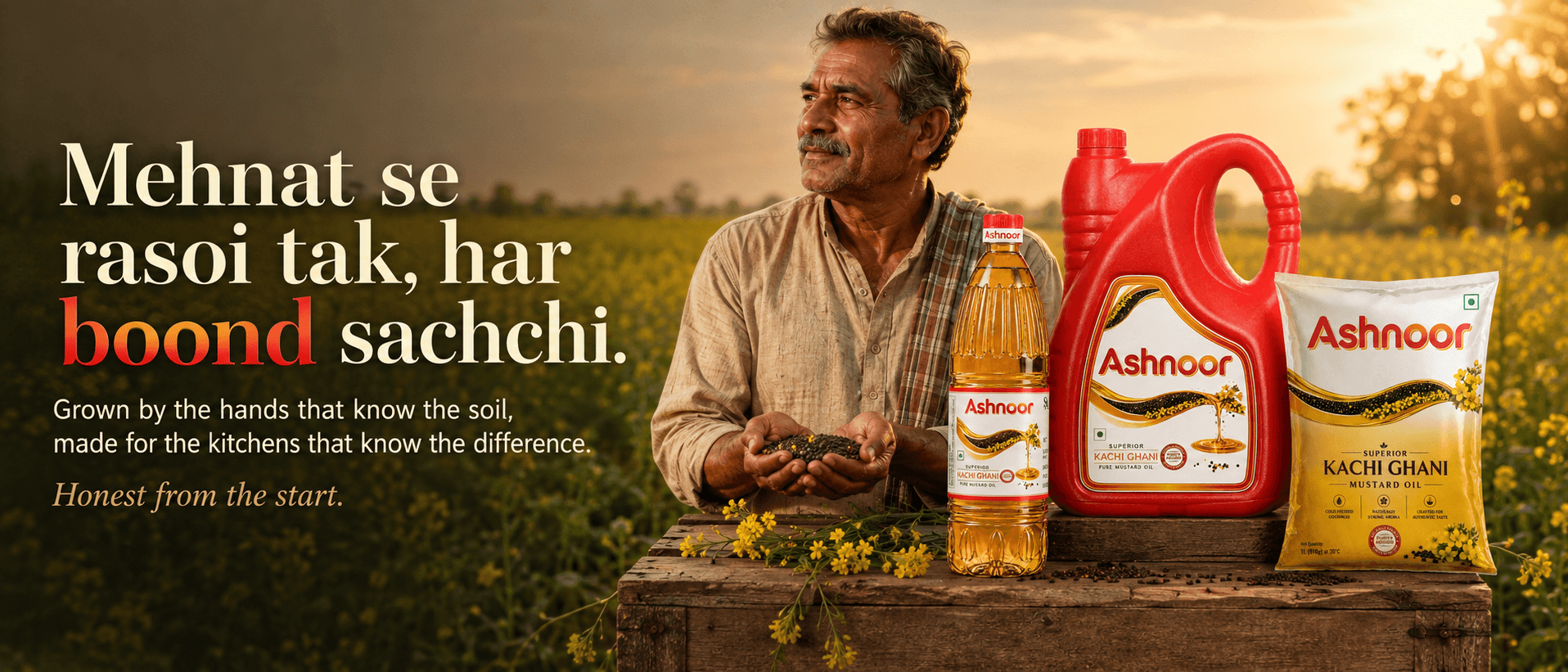 Farmer holding mustard seeds beside Ashnoor packs in a mustard field