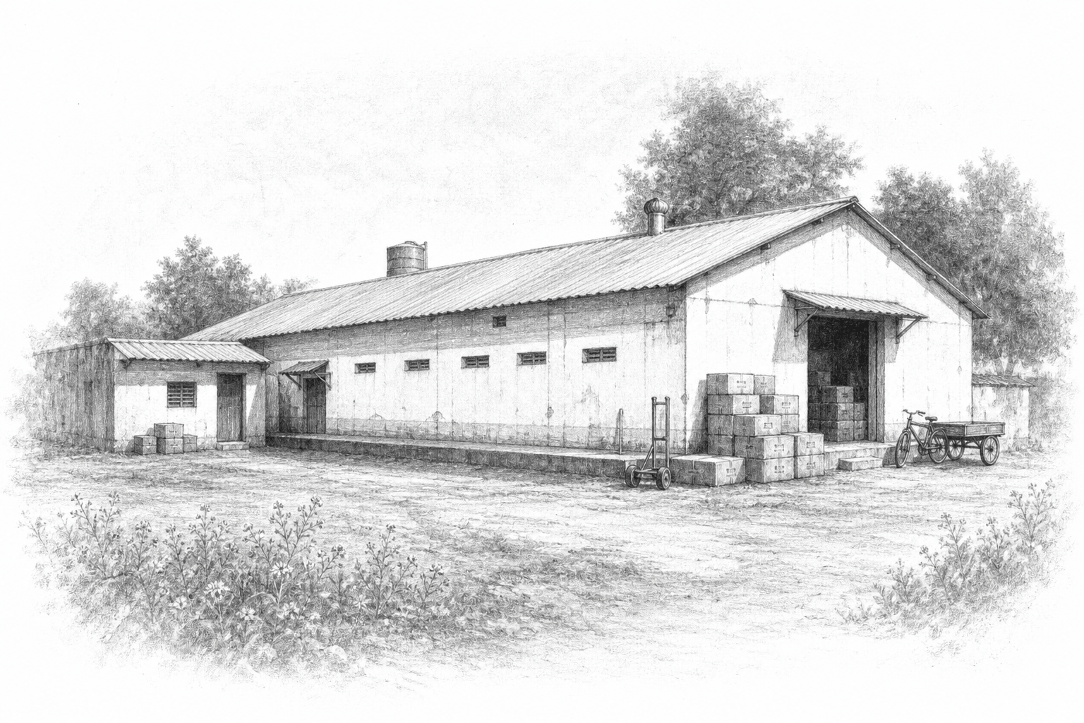 Ink illustration of Ashnoor's early mustard oil packaging premises