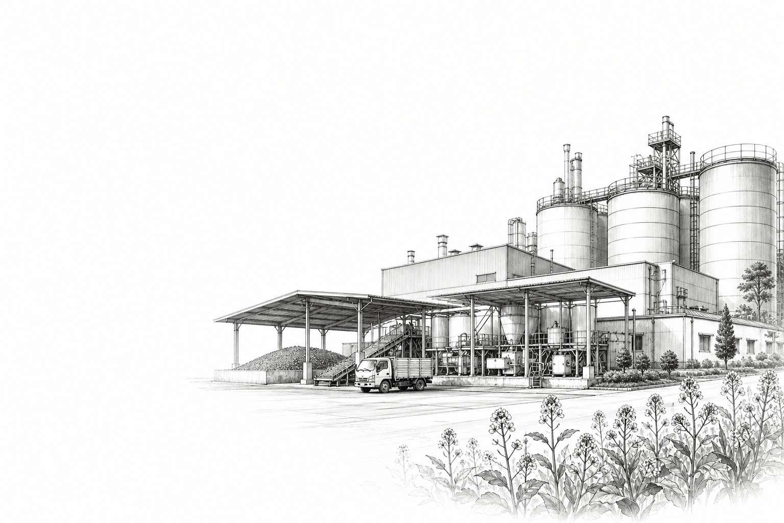 Ink drawing of an edible-oil facility with mustard flowers in the foreground