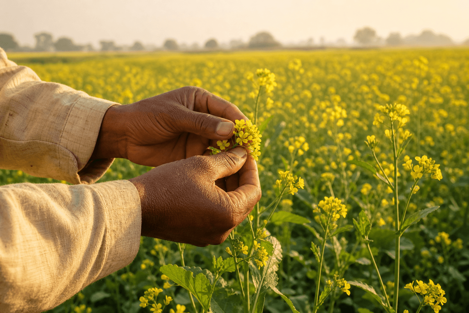 A farmer's hands inspecting yellow mustard flowers in a field