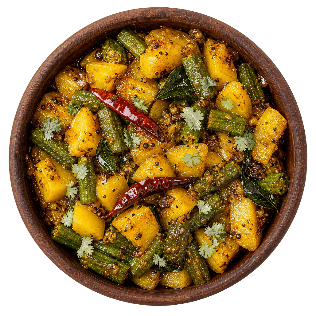 Top-down wooden bowl of mustard-oil aloo bhindi with mustard seeds and red chilli