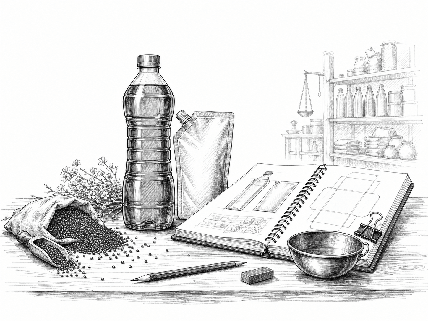 Ink drawing of mustard oil packs, seeds and packaging sketches