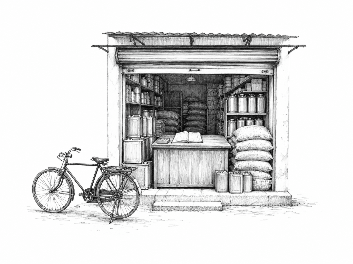 Ink drawing of a late-1990s Indian food trade counter