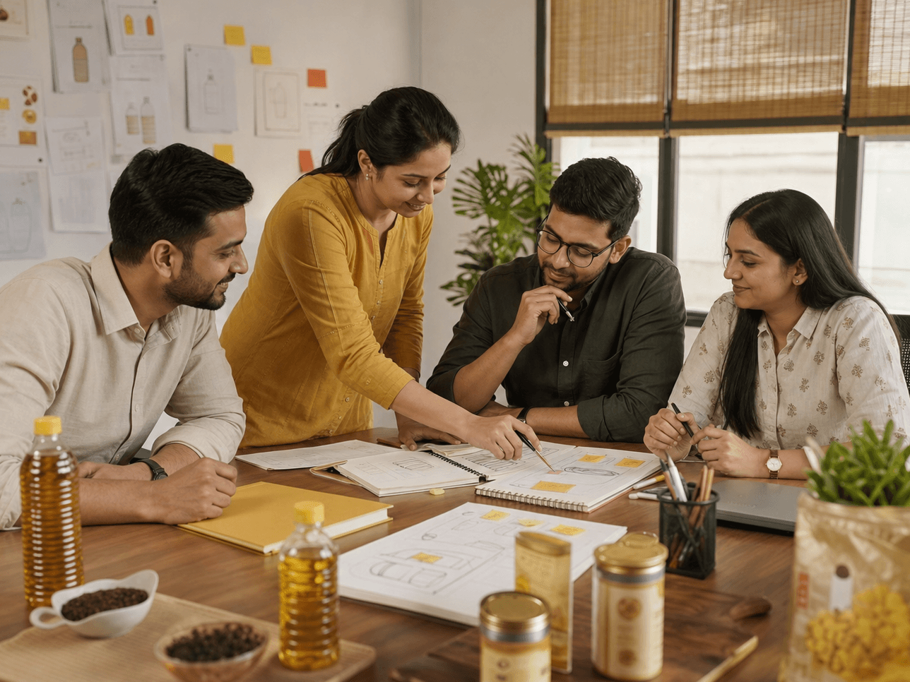 Four colleagues at Ashnoor working through pack drawings together at a shared table.