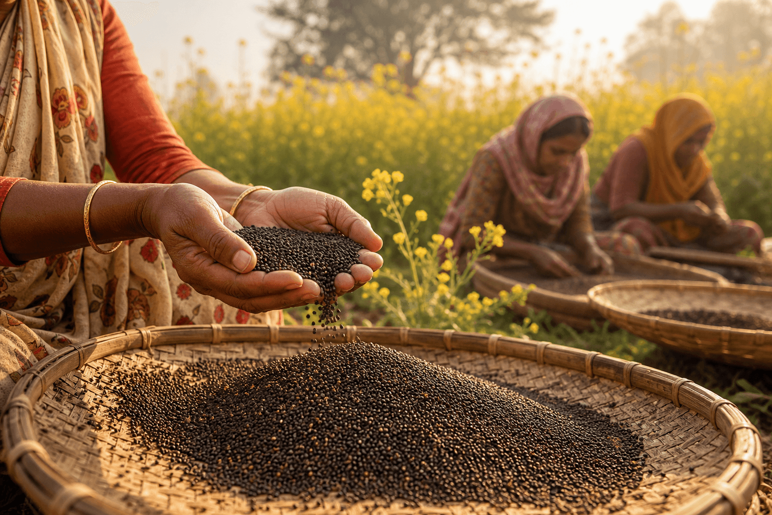 Hands carefully holding black mustard seeds in a rural Indian mustard field