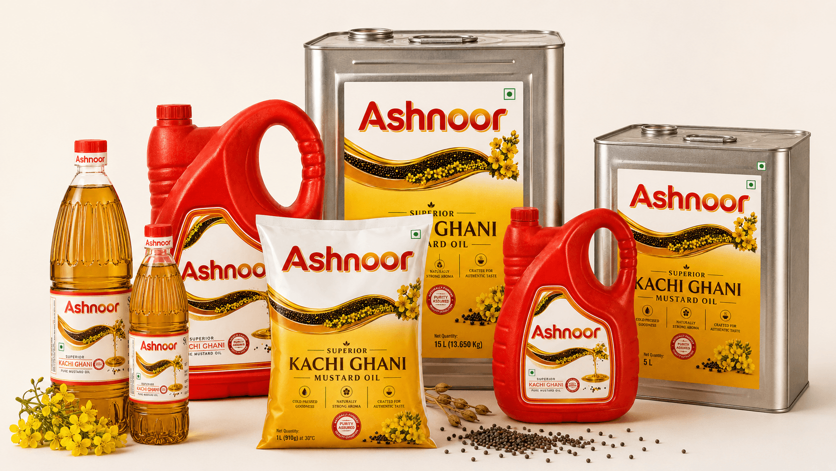 The complete Ashnoor product family — bottles, jerry cans, tins and pouch