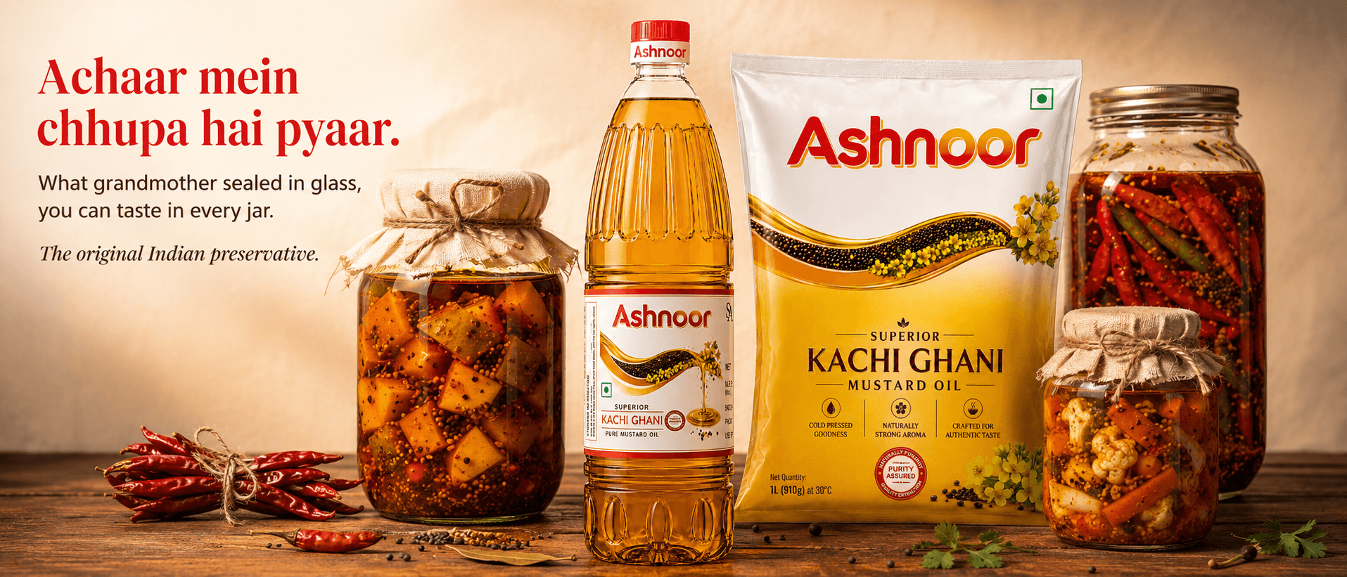 Ashnoor mustard oil recipe hero with pickles, bottle and doypack