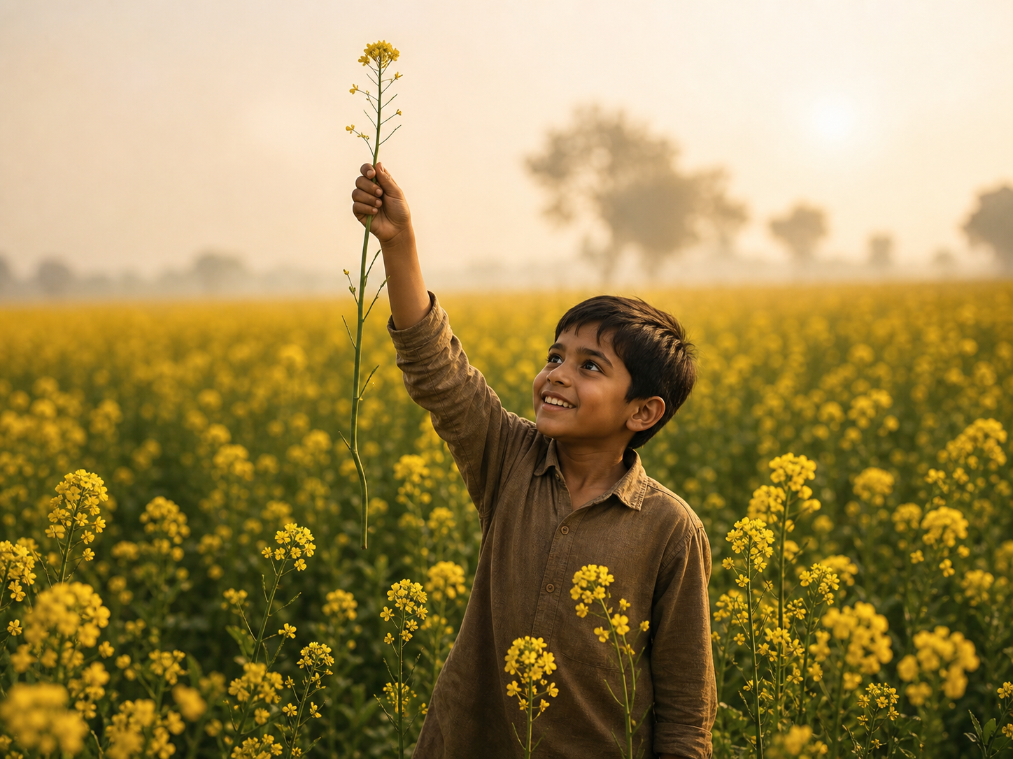 A child holding a mustard flower in a golden mustard field