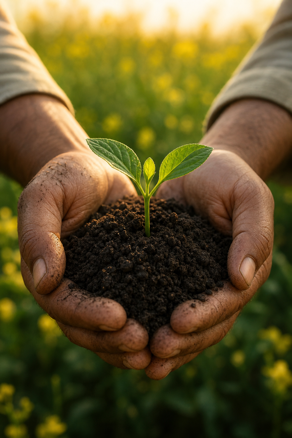 Hands holding fertile soil with a young seedling
