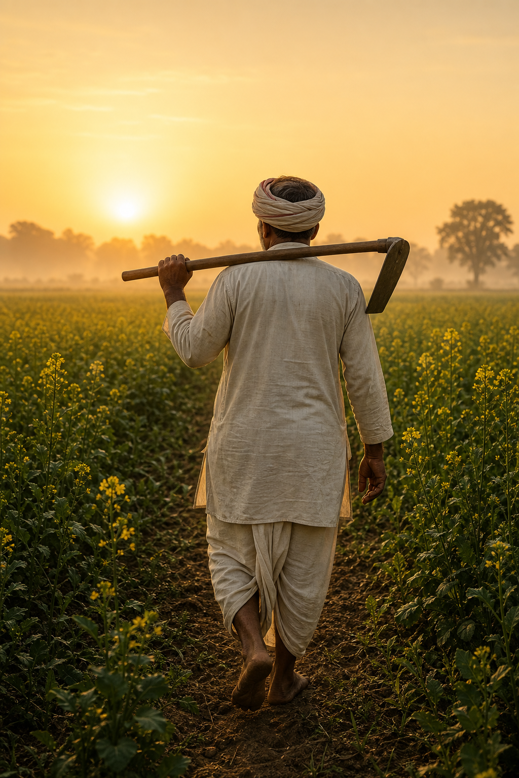 A farmer walking through a mustard field at sunrise