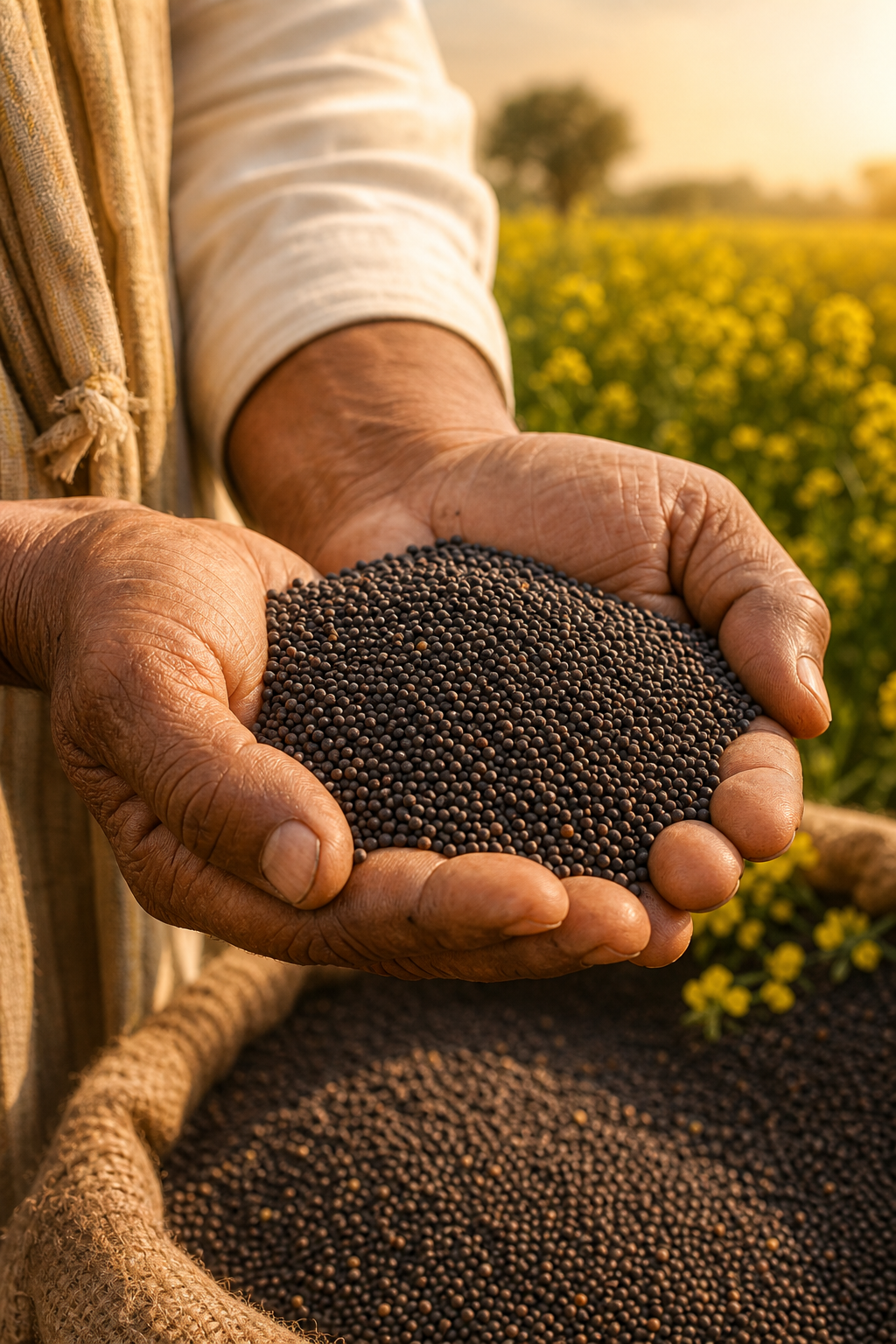 Hands holding black mustard seeds in a mustard field